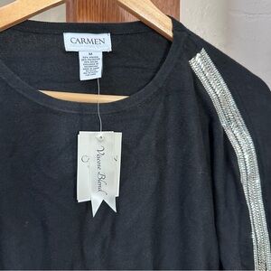 NWT Carmen Marc Valvo Black Sweater with Rhinestone Stripes